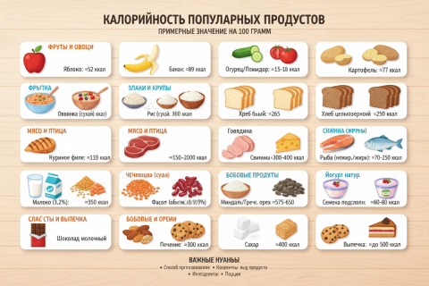 Калорийность популярных продуктов: таблицы и расчёты для разных товаров