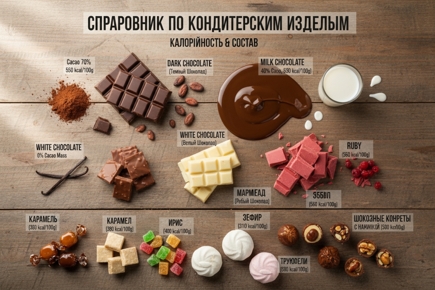 Справочник по кондитерским изделиям: калорийность конфет и состав шоколада