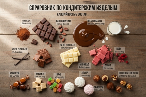 Справочник по кондитерским изделиям: калорийность конфет и состав шоколада