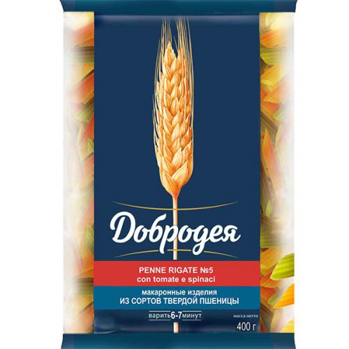 Макаронные изделия Добродея Penne Rigate N5 Con Tomate Е Espinaci Перья рифленые, Добродея, 400 г