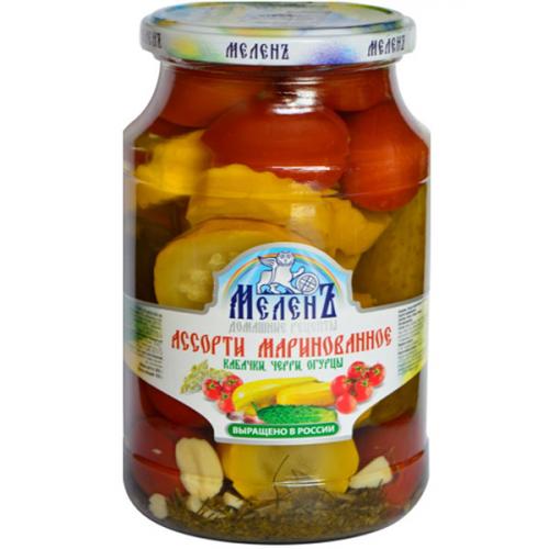 Ассорти маринованное Меленъ кабачки, черри, огурцы, ЭКОПРОДУКТ, 900 г
