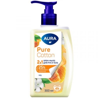 Крем-мыло жидкое Aura Pure Cotton 2 в 1 для рук и тела, хлопок и мед, Коттон Клаб, 300 мл
