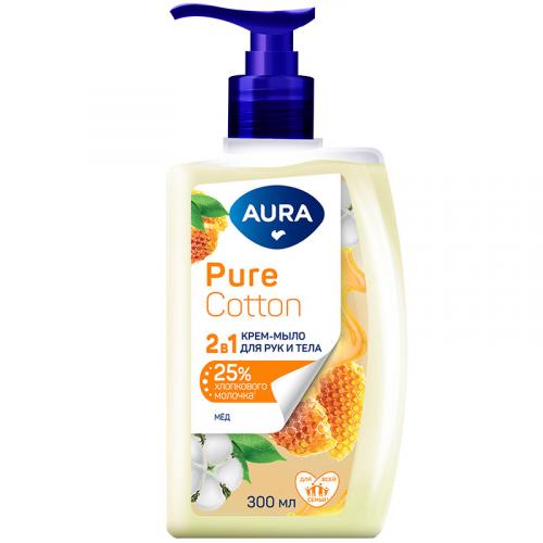 Крем-мыло жидкое Aura Pure Cotton 2 в 1 для рук и тела, хлопок и мед, Коттон Клаб, 300 мл