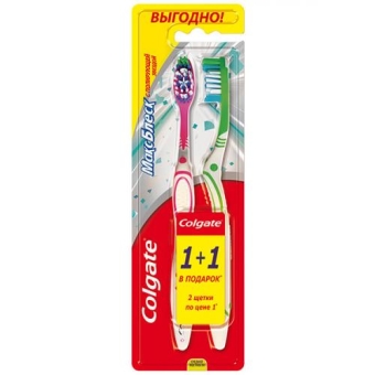 Щетка зубная Colgate 1+1 Макс Блеск средней жесткости, COLGATE-PALMOLIVE,