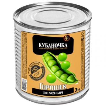 Горошек зеленый Кубаночка консервированный, Кубаночка, 3 кг