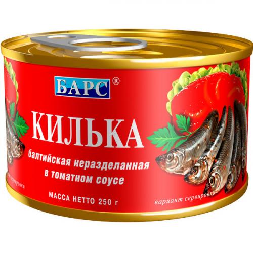 Килька балтийская Барс в томатном соусе, Барс, 250 г