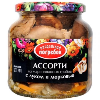 Ассорти Валдайский погребок из маринованных грибов с луком и морковью, Валдай, 500 мл