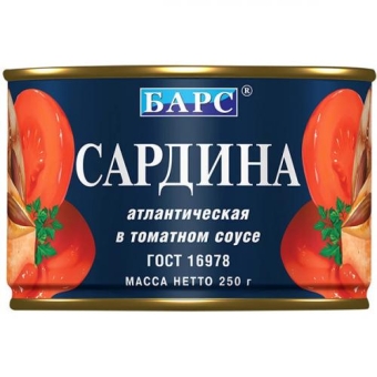 Сардина атлантическая Барс в томатном соусе, Барс, 250 г