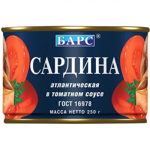 Сардина атлантическая Барс в томатном соусе, Барс, 250 г