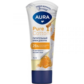 Крем для рук Aura Pure Cotton питательный с D-пантенолом и экстрактом меда, Коттон Клаб, 75 мл