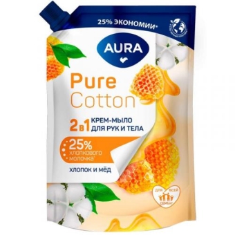 Крем-мыло жидкое Aura Pure Cotton 2 в 1 для рук и тела, хлопок и мед, Коттон Клаб, 450 мл