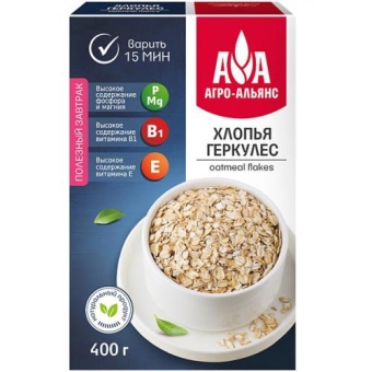 Хлопья Агро-Альянс Традиционный геркулес овсяные, Агро-Альянс, 400 г