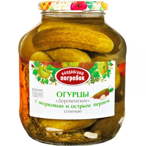 Огурцы Валдайский погребок Деревенские соленые с морковью и острым перцем, Валдай, 1500 мл