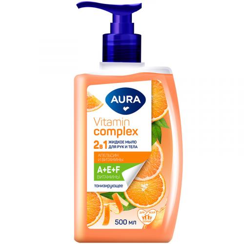 Мыло жидкое Aura Vitamin Complex 2 в 1 для рук и тела, апельсин и витамины, Коттон Клаб, 500 мл