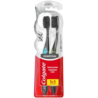 Щетка зубная Colgate 360 с древесным углем средней жесткости, COLGATE-PALMOLIVE