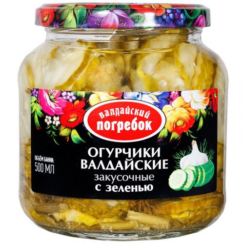 Огурчики Валдайский погребок Валдайские закусочные с зеленью, Валдай, 500 мл