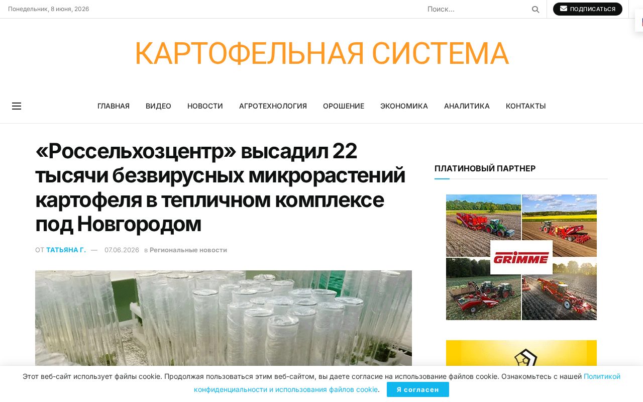 страница новости Potato System о высадке микрорастений картофеля под Новгородом