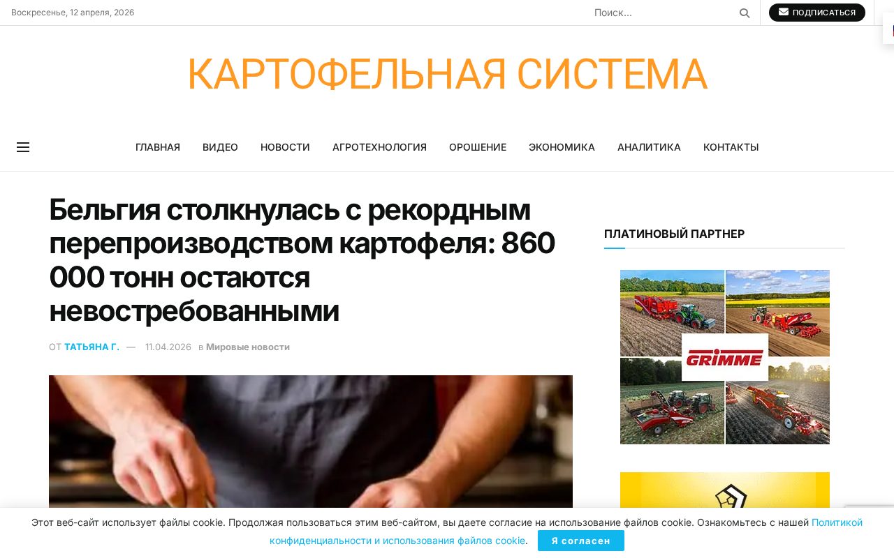 Скриншот новости о перепроизводстве картофеля в Бельгии с данными по объёмам и ценам