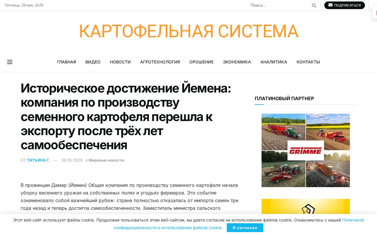 новость о начале уборки семенного картофеля в провинции Дамар и планах Йемена по экспорту