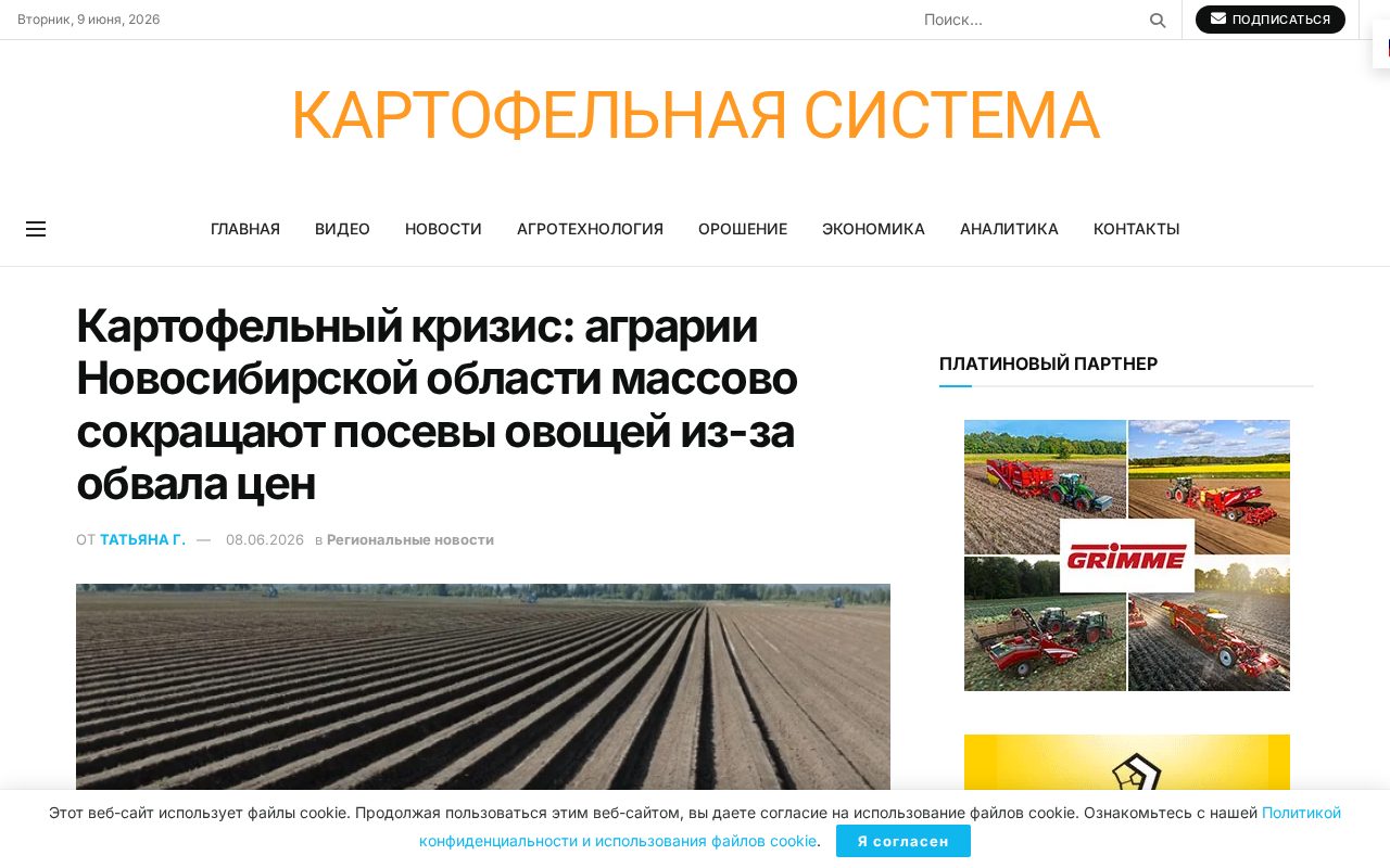 страница Potatosystem с новостью о сокращении посевов картофеля и овощей в Новосибирской области