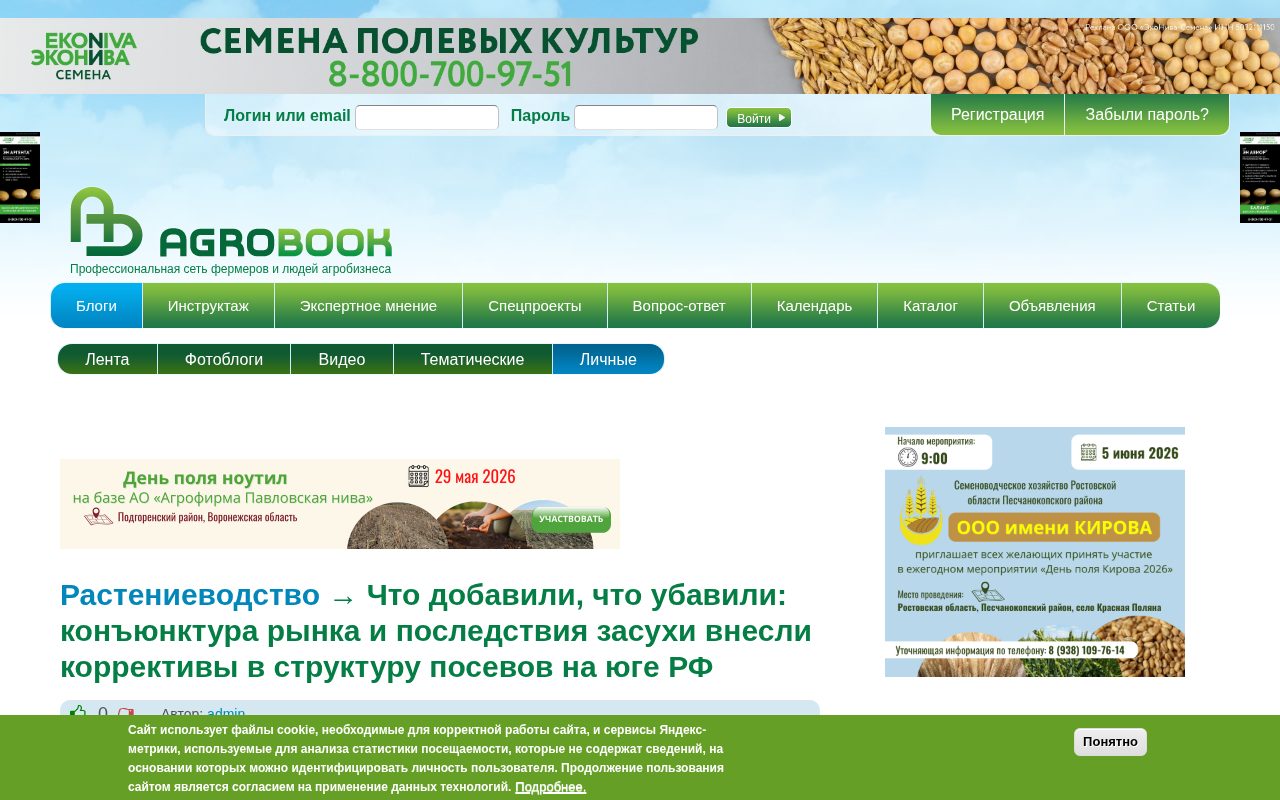 Материал Agrobook о том, как засуха и цены изменили структуру посевов на юге РФ